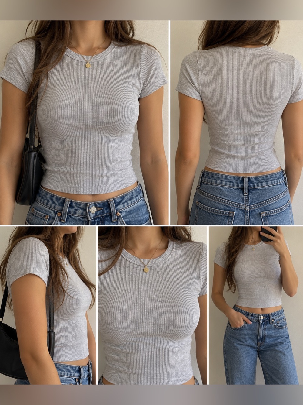 American Eagle Ribbed Baby Tee Women’s Small Heather Gray Fitted Crew Neck Top